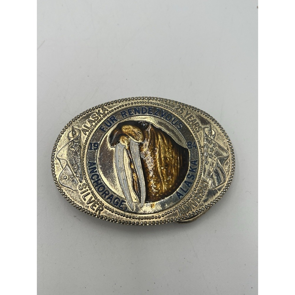Vintage 1984 Alaska Fur Rendezvous 25 Years Anchorage Belt Buckle Walrus